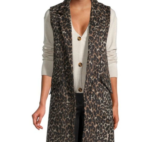 Dolce Cabo Leopard Longline Fleece Vest Jacket Open Front  Womens Large Viscose - Picture 2 of 16